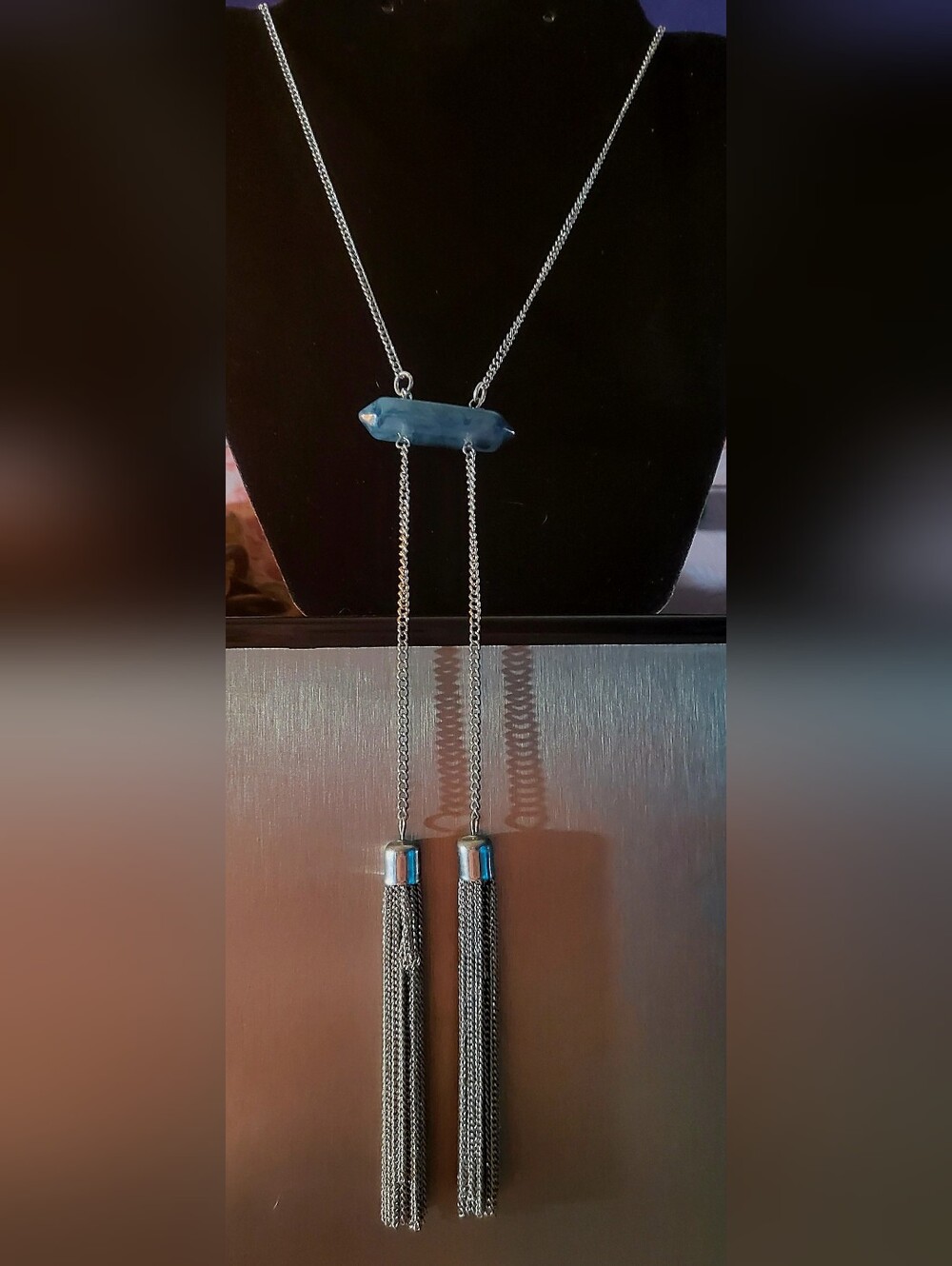 32" Blue Stone Silver Tassel Lariat Necklace